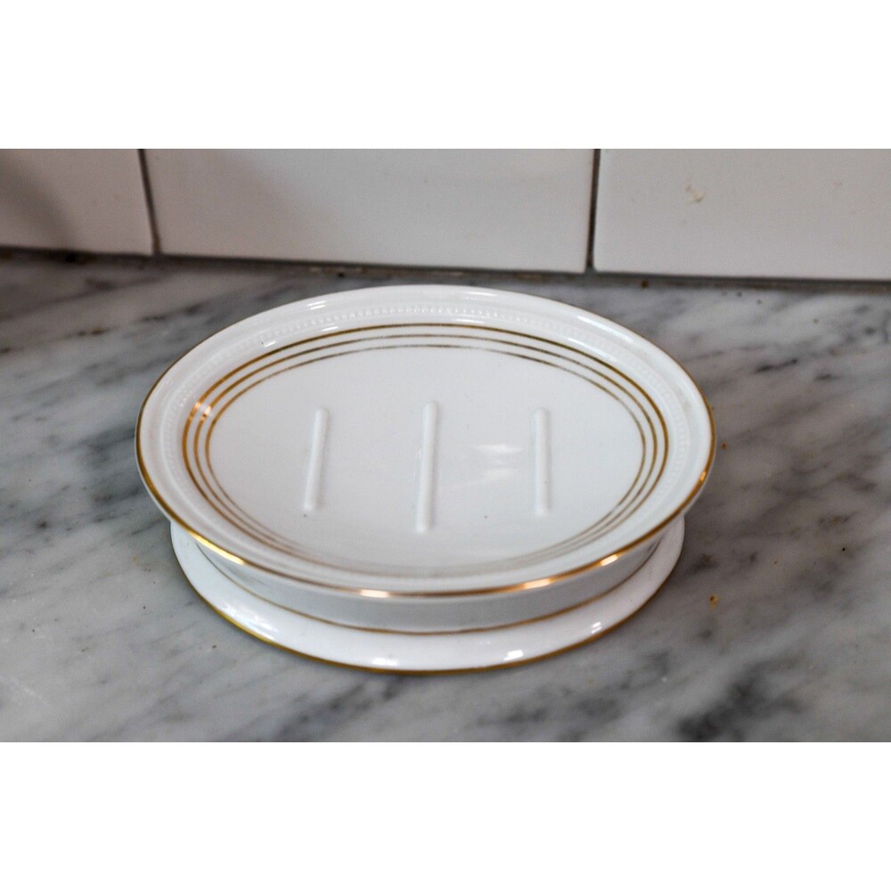 Veratex White and Gold Hotel Striped Oversized Soap Dish w Beaded Edge